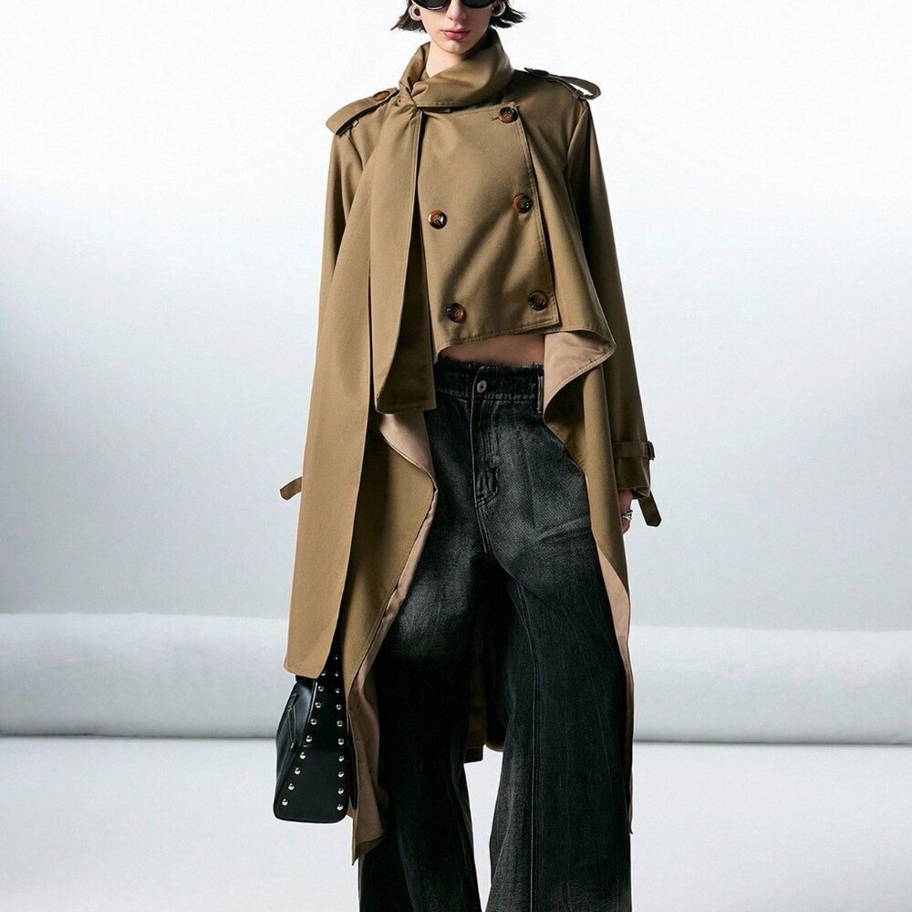 Green Casual Women's Minimalist Asymmetric Hem Trench Coat With Knotted Collar